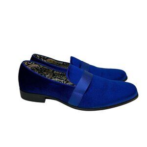 Mens Blue Velvet Loafers With Ribbon Accent & Paisley Lining Size 11